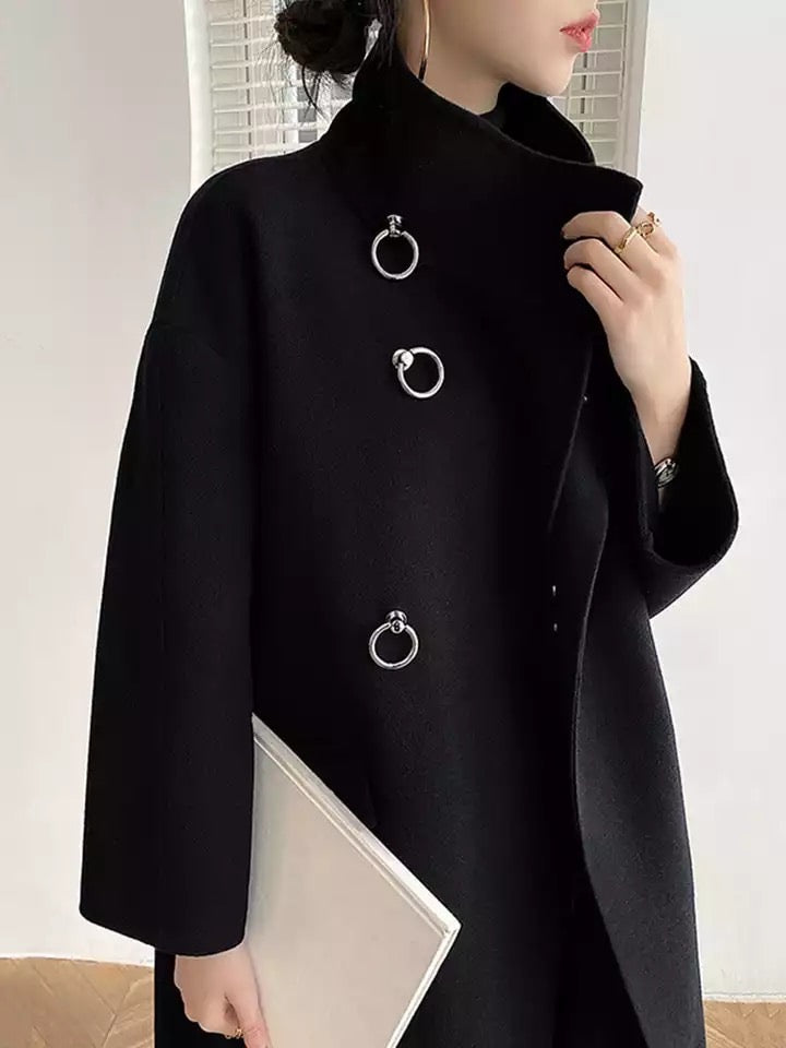 Buttoned Black Wool Coat