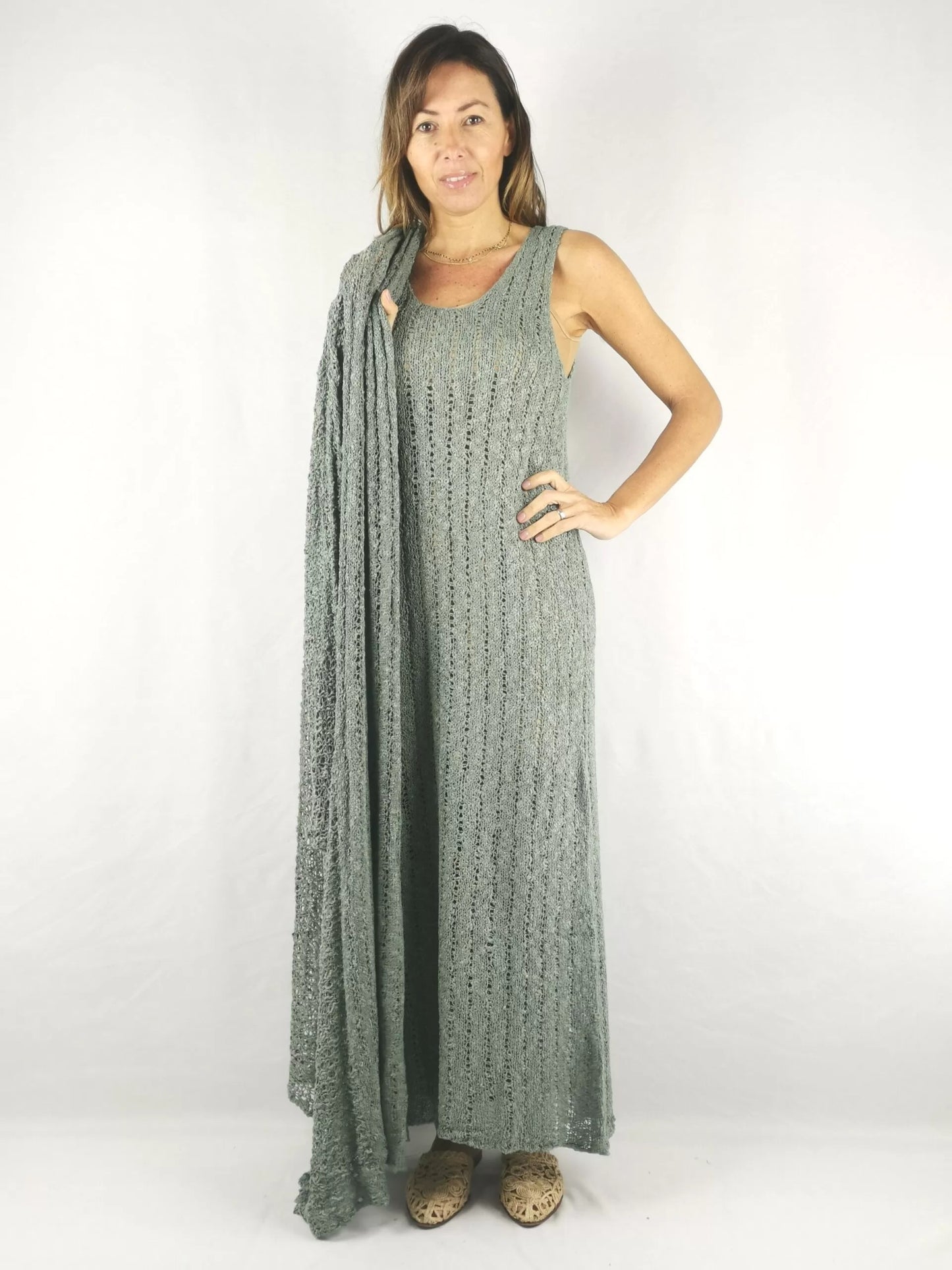 Long Rib Dress & Cardigan Set Khaki