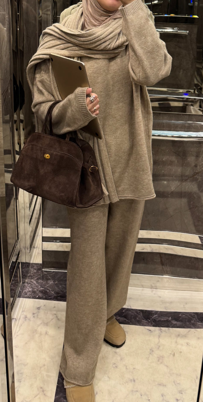 Knit Three-Piece Scarf Loungewear Set (beige)